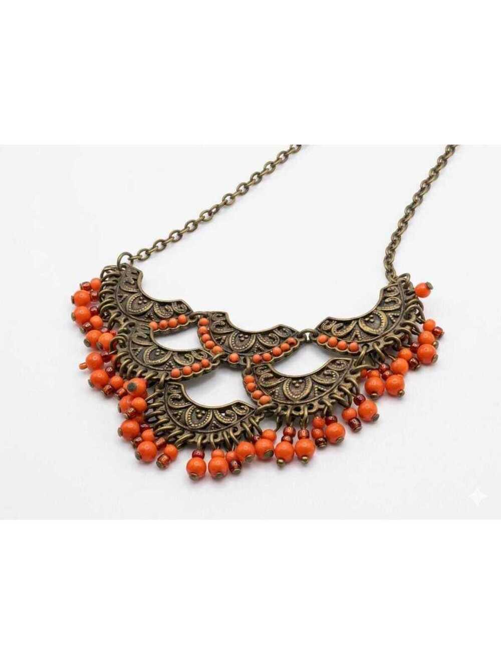 Vintage Boho Bib Necklace, Antique Bronze Tiered,Coral Orange Bead Drop Necklace